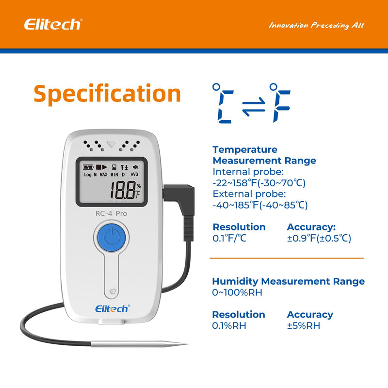 Elitech Temperature Humidity Data Logger, Reusable Recorder with Built-in Buzzer, -40~85°C, 64000 Points, Auto PDF/CSV Reports, Win/Mac Software, Calibration Certificate for Audit Compliance RC-4HPro RC-4HC Temp-Humi Probe RC-4 64000Points 1