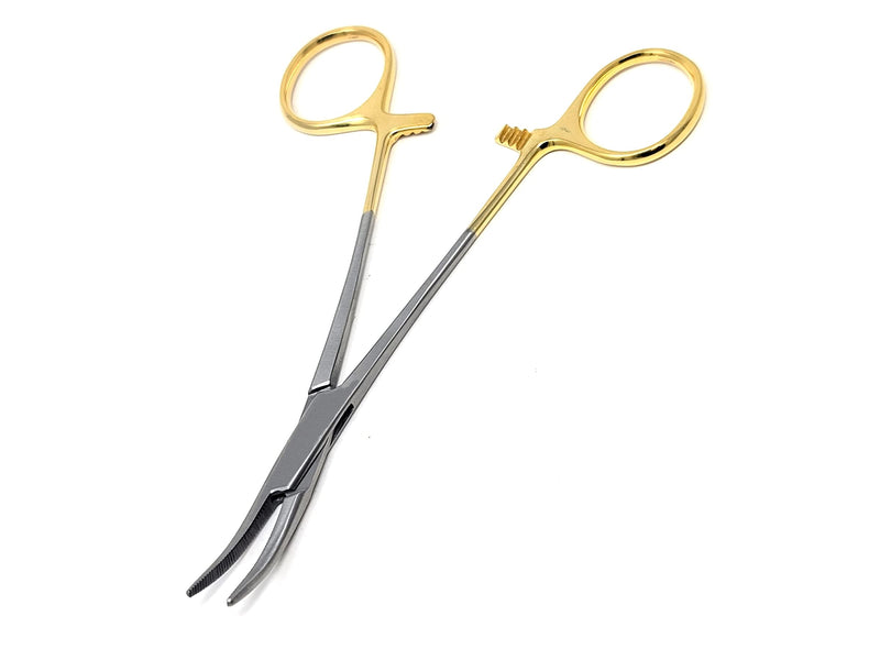 Hemostat Locking Forceps 5" Curved with Full Serrated Jaws Ideal for Clamping, Fishing, Firefighters Nurses Doctors + More (Gold Handle) Gold Handle