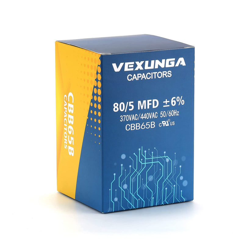 VEXUNGA 80/5 uF 80+5 MFD 370VAC or 440VAC Dual Run Start Round A/C Capacitor CBB65 CBB65B Air Conditioner Capacitors for AC Unit Fan Motor Start or Heat Pump or Condenser Straight Cool [V03] 80+5 uF Round