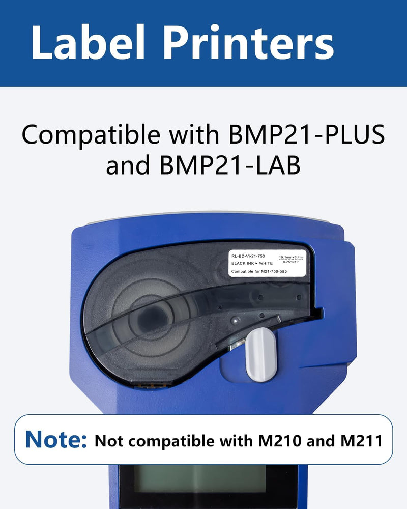 3/4'' Vinyl Label Compatible for M21-750-595-WT Label Cartridge, 0.75" W X 21' L Black on White Tape for Indoor and Outdoor, Lab Equipment Labeling, 3 Pack, NOT Compatible for M210 and M211 3Pack-0.75''(3/4'')