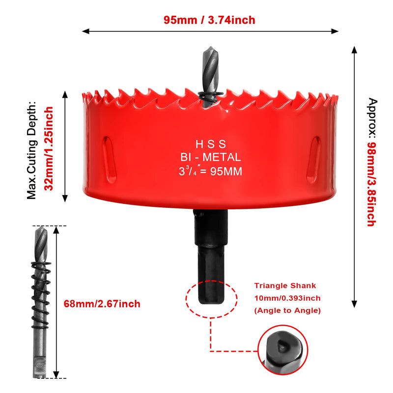 [Australia - AusPower] - Hole Saw 3 3/4” (95mm) for Wood and Plastic, HSS Bi-Metal Hole Cutter Core Drill Bit for Drywall, PVC Boards, Fiberglass and Vent Pipes Red 3-3/4"(95mm) 