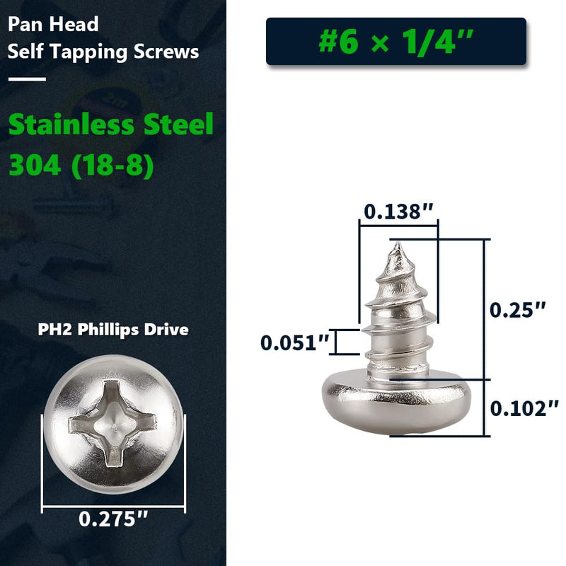[Australia - AusPower] - #6 x 1/4" (100 Pack) Stainless Steel Phillips Pan Head Wood Screws, Stainless Steel 304 (18-8), Pan Head Sheet Metal Screws Self Tapping for Wood #6 x 1/4" 100 