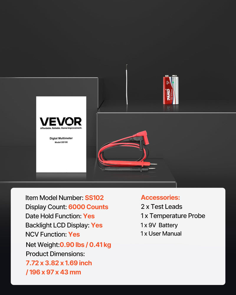 [Australia - AusPower] - VEVOR Digital Multimeter, 6000-Count TRMS DC/AC Voltmeter Current Tester, Professional NCV Multimeter for Current Voltage Resistance Capacitance Duty-Cycle Tempetature Diodes Continuity Live Wire Test 