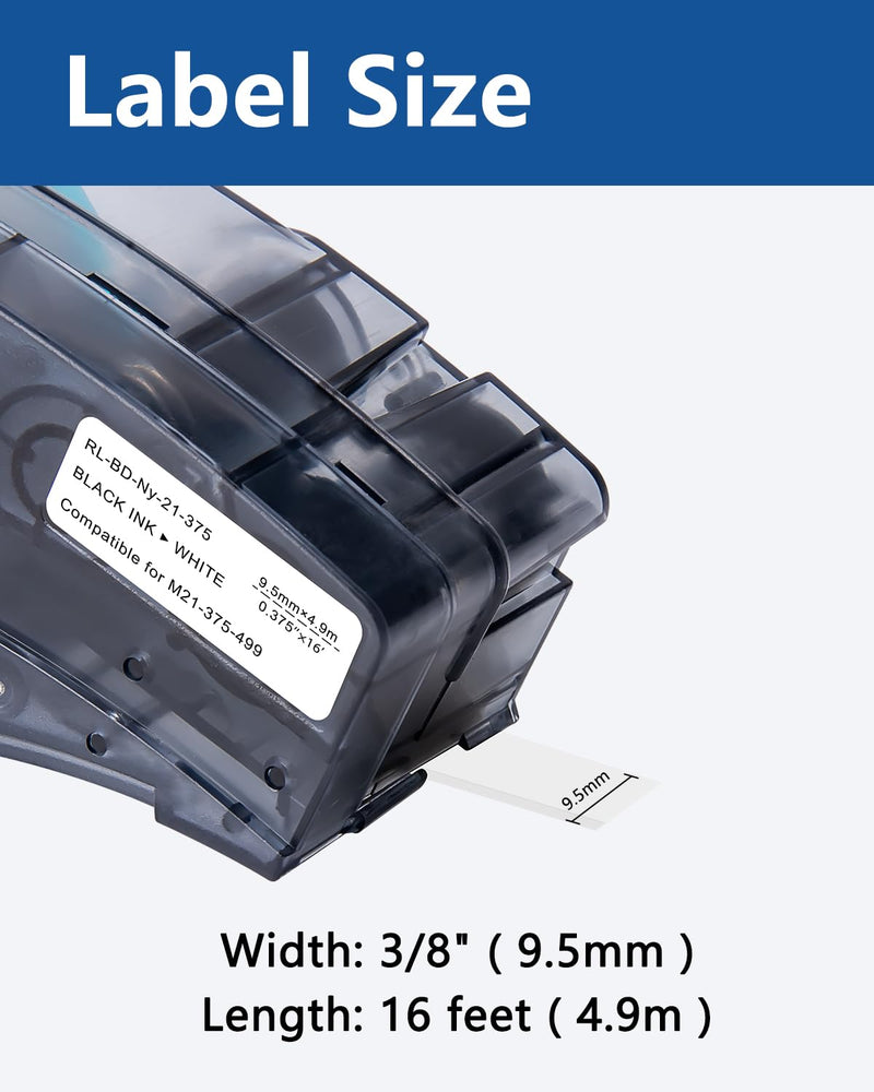 6 Pack 0.375" W x 16' L 3/8'' Nylon Cloth Label, Black on White, Compatible for M21-375-499 Label Cartridge, Not Compatible with M210 and M211