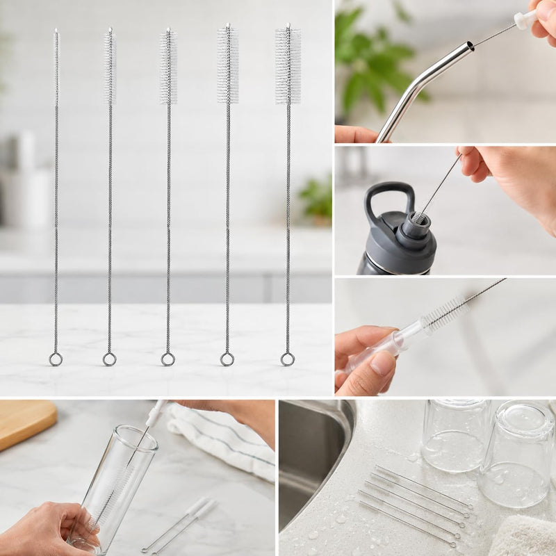 5-Piece Tube Brush Set with Wooden Handle - T-shaped Cleaning Brushes Diameter 8/12/15/20/25 mm - Stainless Steel Brushes for Drilling Holes, Pipes, Straws, Bottles, Kettles and Hard to Reach Place