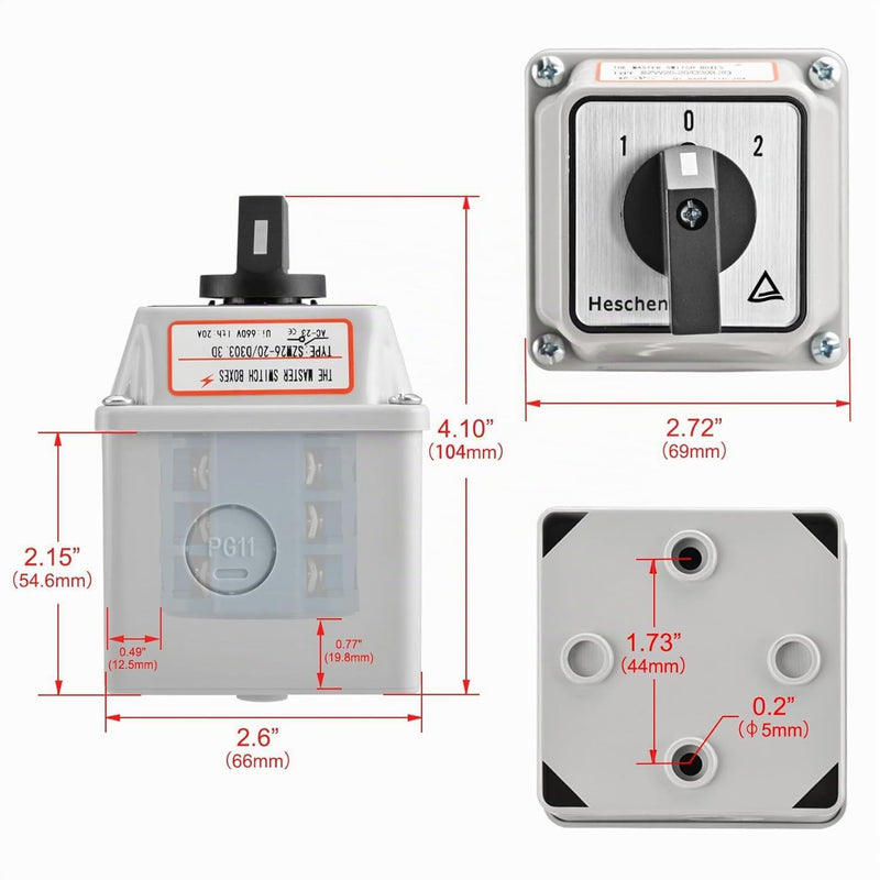 Heschen Universal Rotary Cam Selector Changer Switch, SZW26-20/D303.3D, 660V 20A, 3 Position, 3 Phase 12 Terminals, CE, with Master Switch Outer Box LW28-20/4 (Standard Box) Standard Box