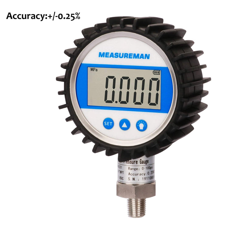 [Australia - AusPower] - MEASUREMAN 3-1/8" Dial Size, Digital Pressure Gauge, 0-300psi/bar/Mpa/Kpa, 1/4" NPT Lower Mount, 0.25% Accuracy 