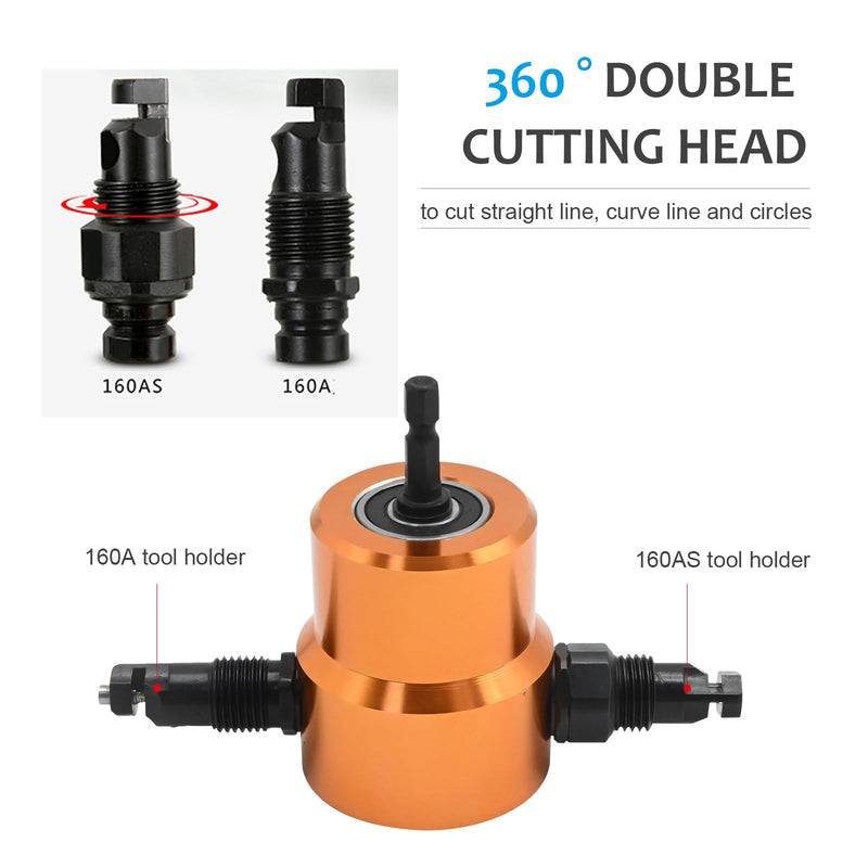 360 Degree Double Head Sheet Metal Nibbler Cutter, Drill Attachment Metal Cutter with Extra Punch and Die, Cutting Hole Accessory and Step Drill Bit, for Straight Curve and Circle Cutting