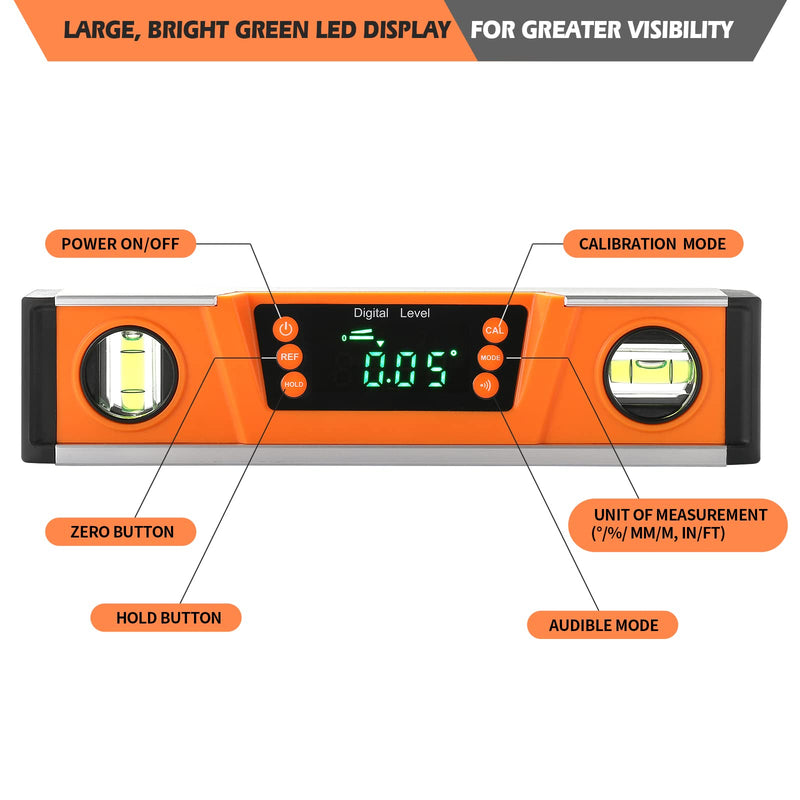 [Australia - AusPower] - 10-Inch Digital Torpedo Level and Protractor | Neodymium Magnets | Bright LED Display | V-GROOVE MAGNETIC BASE | IP54 Dust/Water Resistant smart level with Carrying Bag Orange 