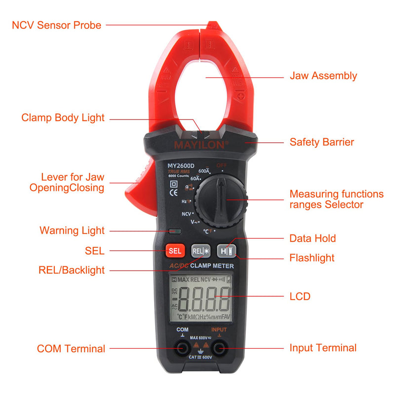 [Australia - AusPower] - Digital Clamp Meter Multimeter 6000 Counts Voltage Tester Auto-ranging Measures AC DC Current Voltage Temperature NCV Frequency Diode Resistance Capacitance Backlight Electrical Tester 