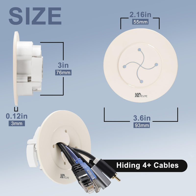Wire Hiders for TV on Wall, 3in Off White in Wall Cable Management Kit, YCLYC Cable Hider Wall Grommets for Cables, Wire Hider Wall to Install Includes 4 Pass Brackets and 1 Hole Saw Drill 4 Pack Off-white
