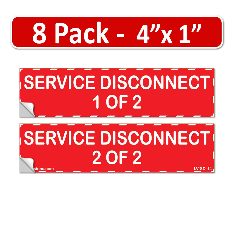 4"x1" 8 Pack Service Disconnects - 1 of 2 & 2 of 2 Outdoor Rated Laminated Labels Emergency Danger Notice Vinyl Waterproof Electrical Panel 1/2 of 2 4"x1"