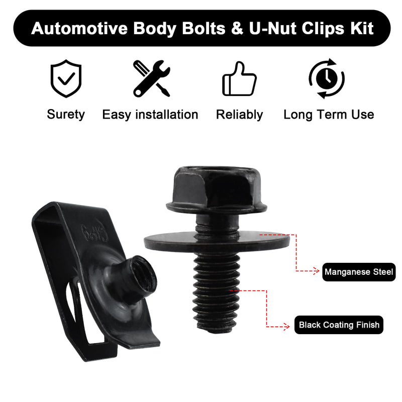 [Australia - AusPower] - 50PCS M6-1.0 Extruded U Nuts & Hex Head Body Bolts Kit for GM Ford Chevy Chrysler Jeep Dodge, Automotive Body Bolt & U-Nut Clips, Bumper Fender Liner Push Pull Metal Rust-Resistant U Retainer (Black) 