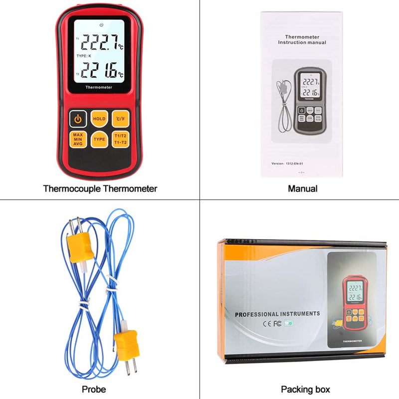 [Australia - AusPower] - Digital Thermometer Pyrometer -400°F ~ 3200°F (-250°C ~ 1700°C), Professional Thermocouple Lab Thermometer with Dual Channel Thermometer Probe, K-Type Handheld High Temperature Thermometer Red 