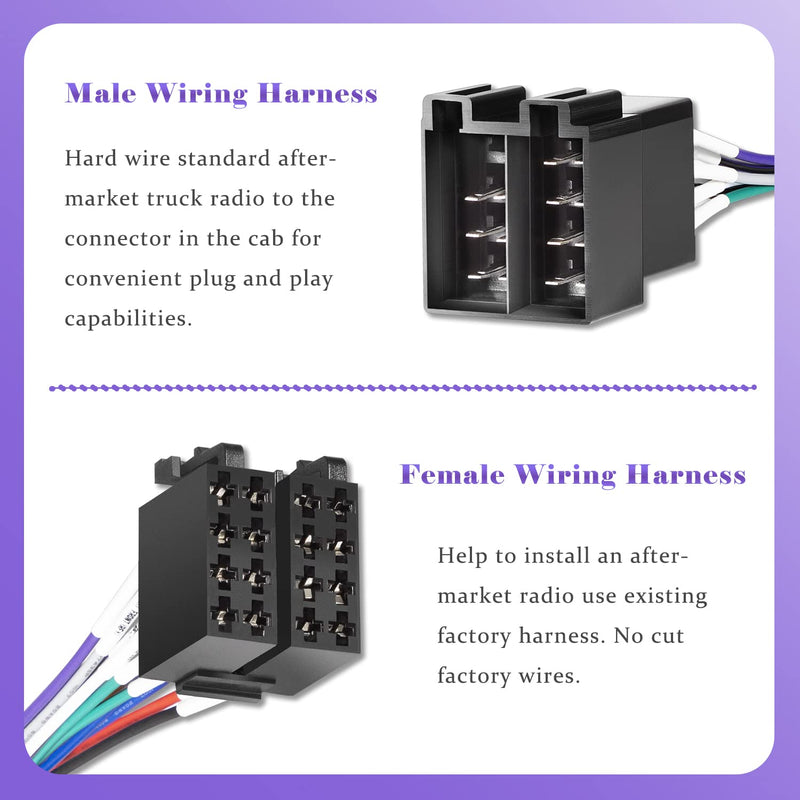 [Australia - AusPower] - 16 Pin ISO Radio Wire Harness Adapter (Pair, Male & Female) Fits for Peterbilt Freightliner Semi Truck International Volvo Sterling Mack Kenworth Stereo 