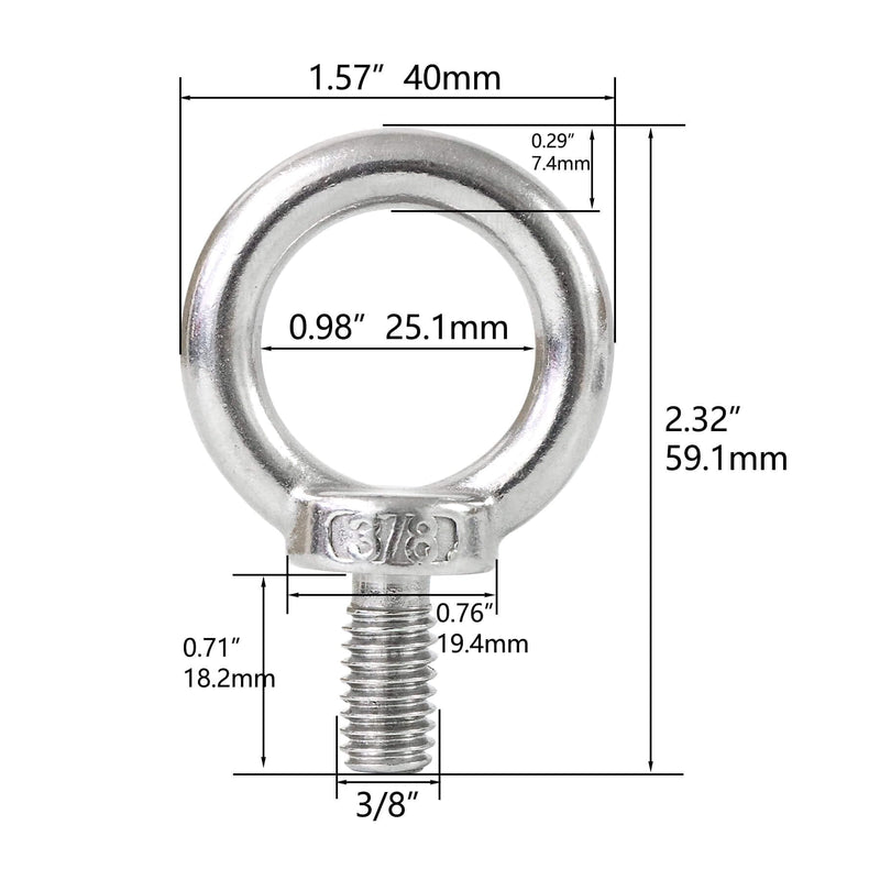 [Australia - AusPower] - 4 Packs 316 Stainless Steel 3/8" UNC Eye Bolt, Machinery Shoulder Eyebolts, Lifting Ring Threaded Eyebolt 3/8" 4 