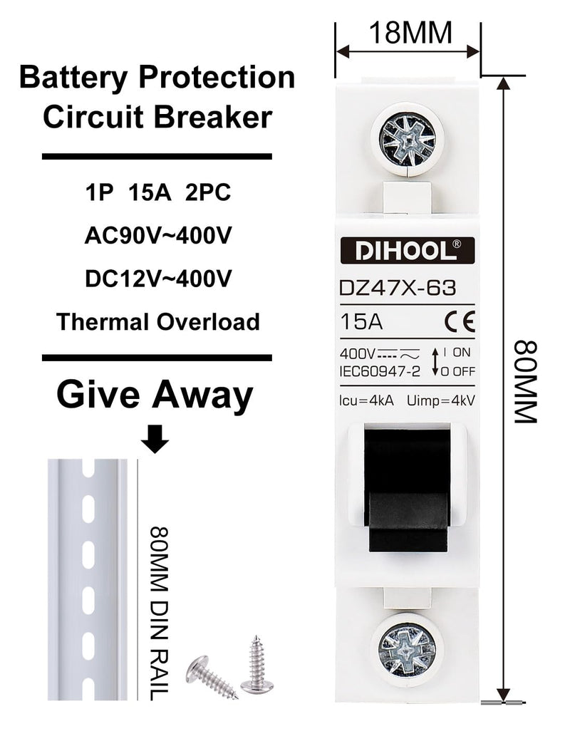 [Australia - AusPower] - DIHOOL AC/DC Miniature Circuit Breakers, 2 Pack, Single Pole 15 Amp, 12V 24V 48V 400V, Non Polarized, Solar Disconnect Switch, DIN Rail Mount, RV Battery Isolator, PV Array MCB, Thermal Magnetic Trip 15a 