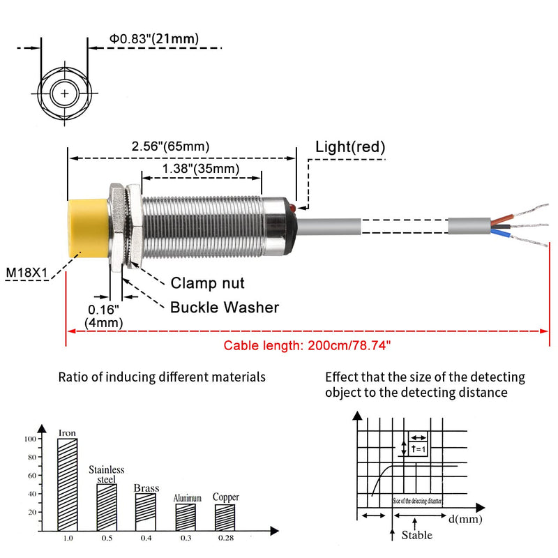 [Australia - AusPower] - Heschen 16mm Inductive Proximity Sensor Switch, HS-M18-Ni16-AN6, non-Embedded, Cylindrical Type, DC10-30V 200mA, NPN NO(Normally Open), 3 Wire, CE 
