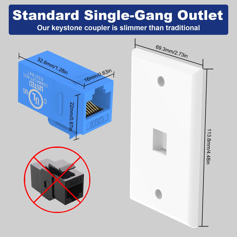 [Australia - AusPower] - VCE Ethernet Wall Plate (UL Listed), 1-Port Keystone Jack Wall Plate with RJ45 Keystone Inline Coupler insert, Female to Female Cat6 Keystone Wall Jack, Blue (2 Pack) 