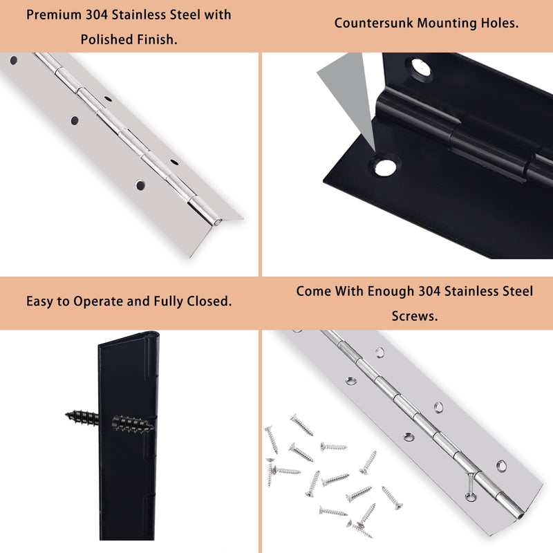 2PCS Heavy Duty Piano Hinge 20 Inch Continuous & Piano Hinges with Screws, Stainless Steel Piano Hinge for Cabinet, Door, DIY Wood Boxes, 0.047" Leaf Thickness, 2" Open Width