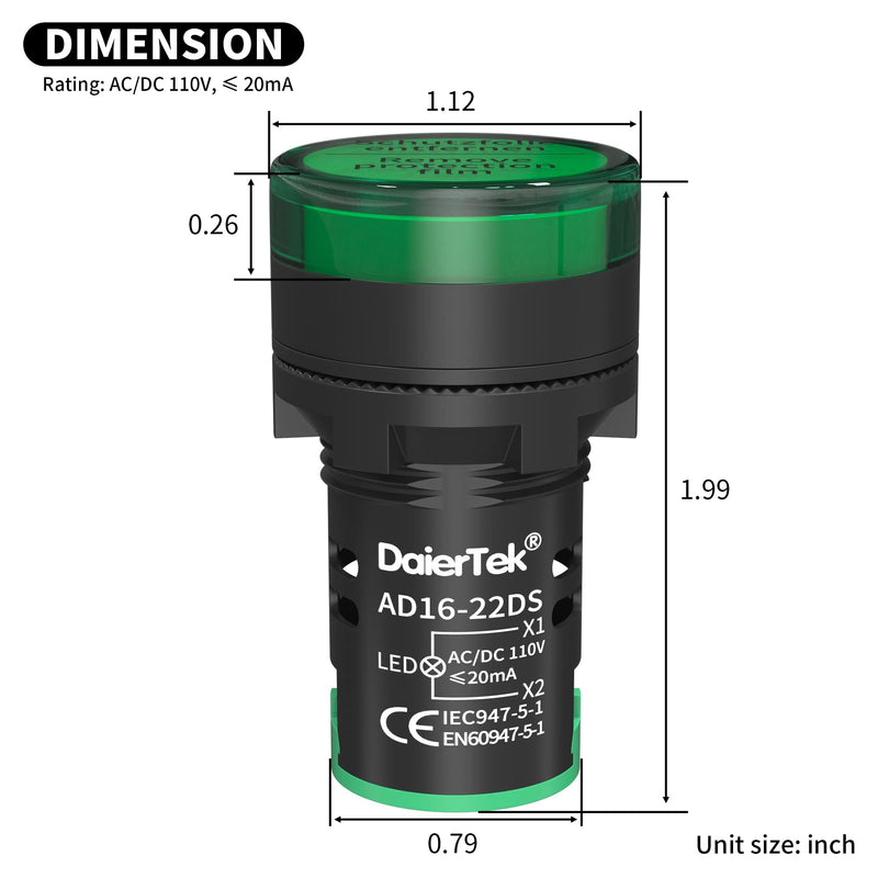 [Australia - AusPower] - DaierTek 110V LED Indicator Light Green 120V Power Indicator Light Energy Saving Indicator Light 22MM (7/8") 120 Volt AC/DC Pilot Light -10Pcs 22mm-120v 