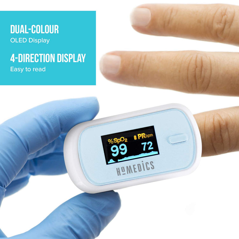 [Australia - AusPower] - HoMedics Pulse Oximeter / Finger Oximeter for Measuring Oxygen Saturation - Oxygen Meter Finger Including Pulse Rate, Perfusion Index and Pulse Bar - Practical Heart Rate Measurement for Home 