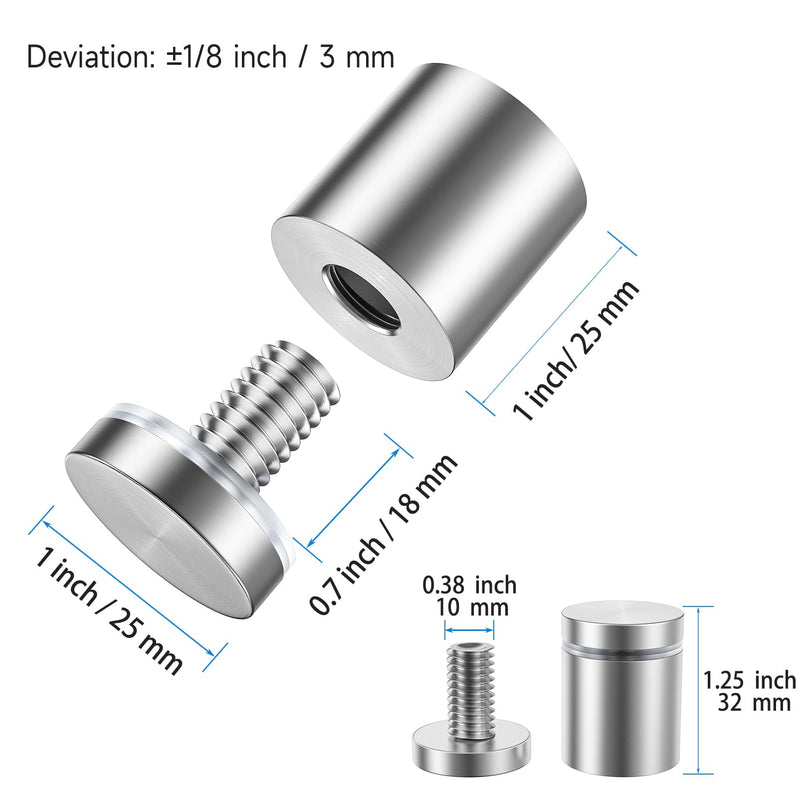 [Australia - AusPower] - LuckIn 8 Pack Standoff Screws for Acrylic (1 in. Dia x 1 in. L), Stainless Steel Stand Off Wall Mounts Hardware for Sign Holder, Silver 1 x 1 inch 