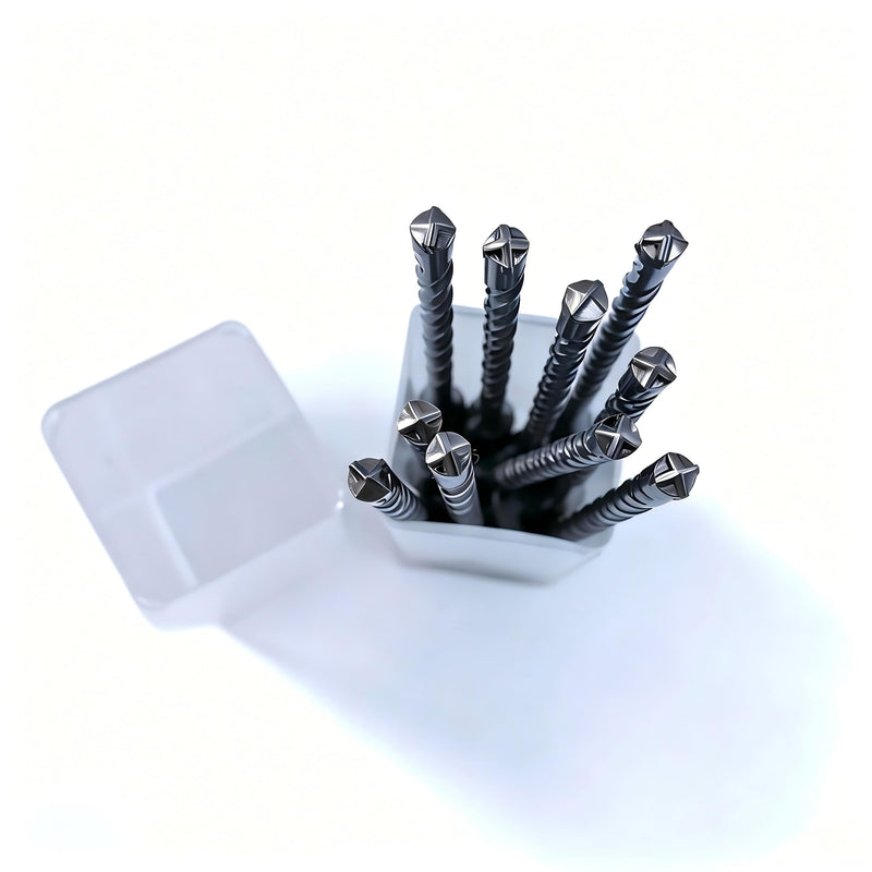 10pcs SDS Plus Masonry Drill Bit Set with Storage Case 3/16 x 6.3 inch | Rotary Hammer Drill Bits 4-Cutter Cross Tip Double Thread Tungsten Steel Concrete Drill Bit for Concrete, Brick, Stone, Walls