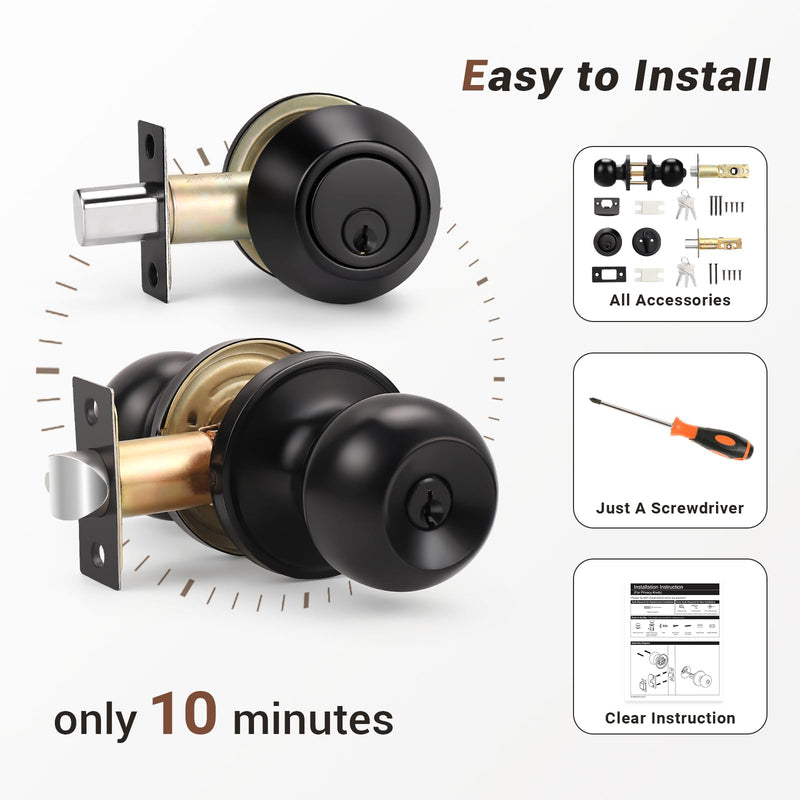 Knobonly 1 Set Keyed Same Entry Door Knob with Single Cylinder Deadbolt, One Keyway Door Lock Set in Matte Black Finish, Indoor/Outdoor Security Door Handles 1 Pack