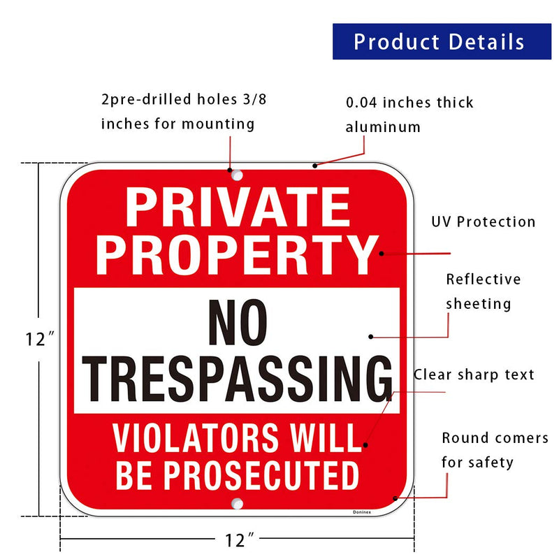 Large (4 Pack) Private Property No Trespassing Sign, 12x12 Inches Metal Heavy Duty Reflective Aluminum, Violators Will Be Prosecuted, Weatherproof Up to 7 Years Outdoor 12x12 Inch 4-Pack