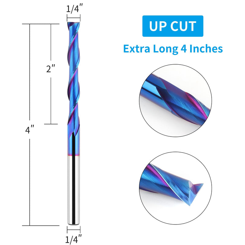 [Australia - AusPower] - Extra Long 4 Inch Upcut Spiral Router Bit 1/4 Inch Shank, 1/4 Inch Cutting Diameter, Solid Carbide with NACO Coating CNC Router Bits End Mill for Wood Cut, Trimming, Carving 4" OVL - Up Cut 