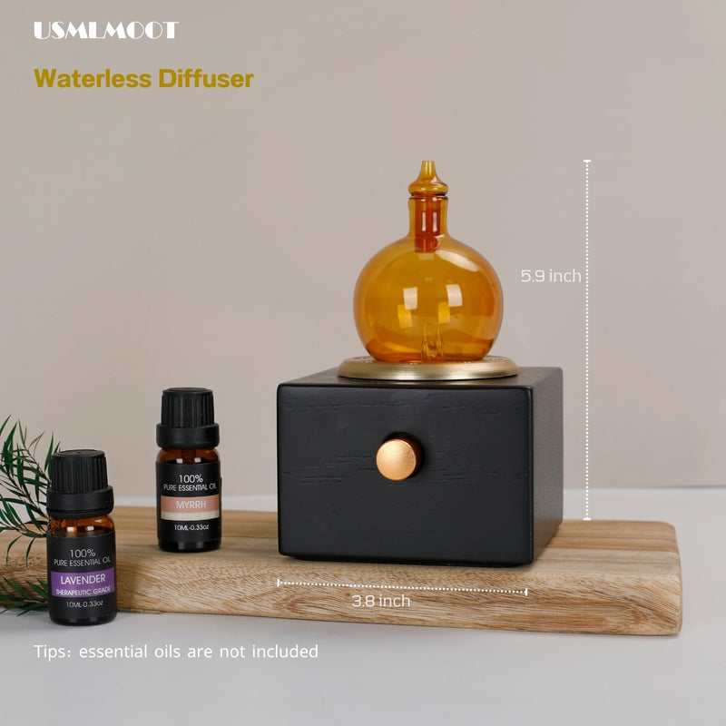Cordless Aroma Oil Nebulizer - Waterless Diffuser for Essential Oil with Glass & Wood, Rechargeable Portable Nebulizing Machine, Battery Operated up to 40h - Gold & Fire Original Design No Scents Included