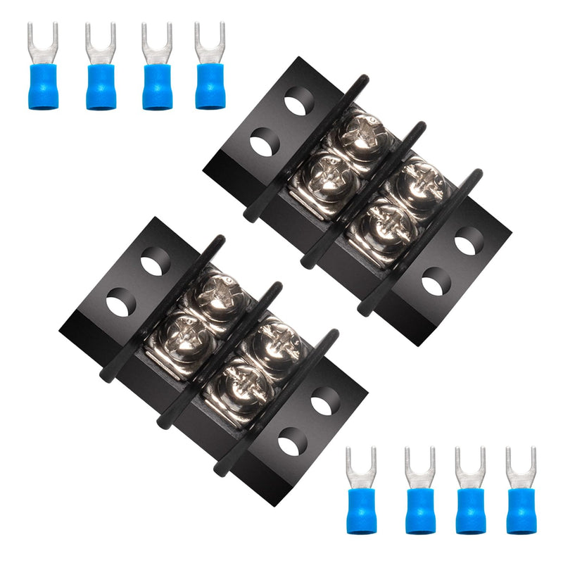 MILAPEAK Terminal Block - 2 Pack 2 Positions 200v-450v 20-30A Dual Row Screw Terminals Strip + 8 PCS Copper Wire Fork Connectors 20 Amps 2 Circuits