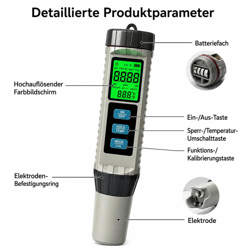 8-in-1 PH Meter Water, Pool Chlorine Meter, Digital Water Quality Tester for pH, TDS, EC, Salinity, S.G., Chlorine, ORP and Temperature, for Swimming Pool, Aquarium, Hot Tub, Drinking Water