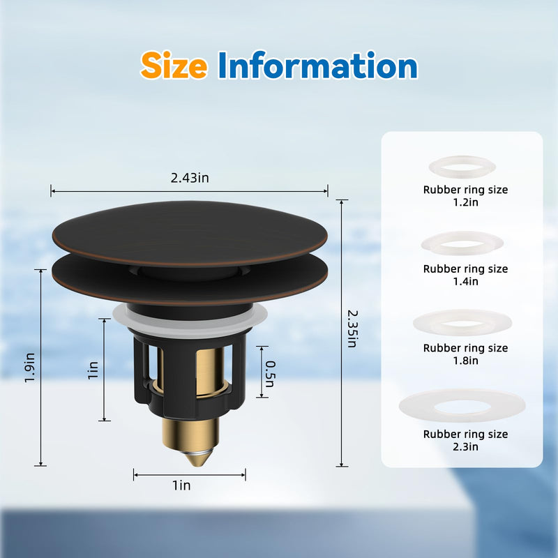 iFealClear 2 Pack Universal Bathroom Sink Stopper, Pop Up Sink Drain Strainer with Hair Catcher, Fit 1.1"-2.36" US Basin, Wash Basin Drain Plug with Big Cover Cap, Brass Bounce Core, Oil Rubbed Bronze Oil Rubbed Bronze Finished