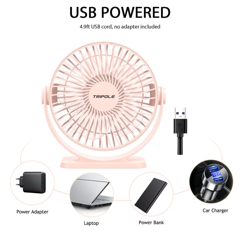 [Australia - AusPower] - TriPole Mini Desk Fan USB Powered Portable Fan 3 Speeds Strong Airflow Small Fan 360°Rotation Personal Fan 5.1 Inch Table Fan for Home Office Bedroom Desktop, Pink, 4.9ft Cable 
