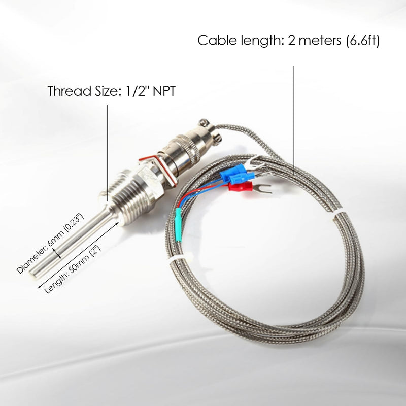 [Australia - AusPower] - RTD PT100 Temperature Sensor Probe, 1/2" NPT Thread Stainless Steel Thermocouple, 3 Wire 2M/6.6ft Cable for PID Temperature Controller -50 to 300℃ 