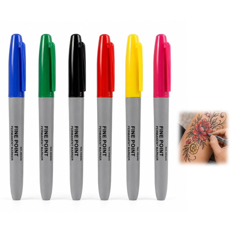 6-Piece Tattoo Felt Pen Set, Surgical Skin Marker with Fine Tip, Water-based Non-Toxic Ink, Precise Positioning for Tattoo Preliminaries, Makeup Designs and Contours
