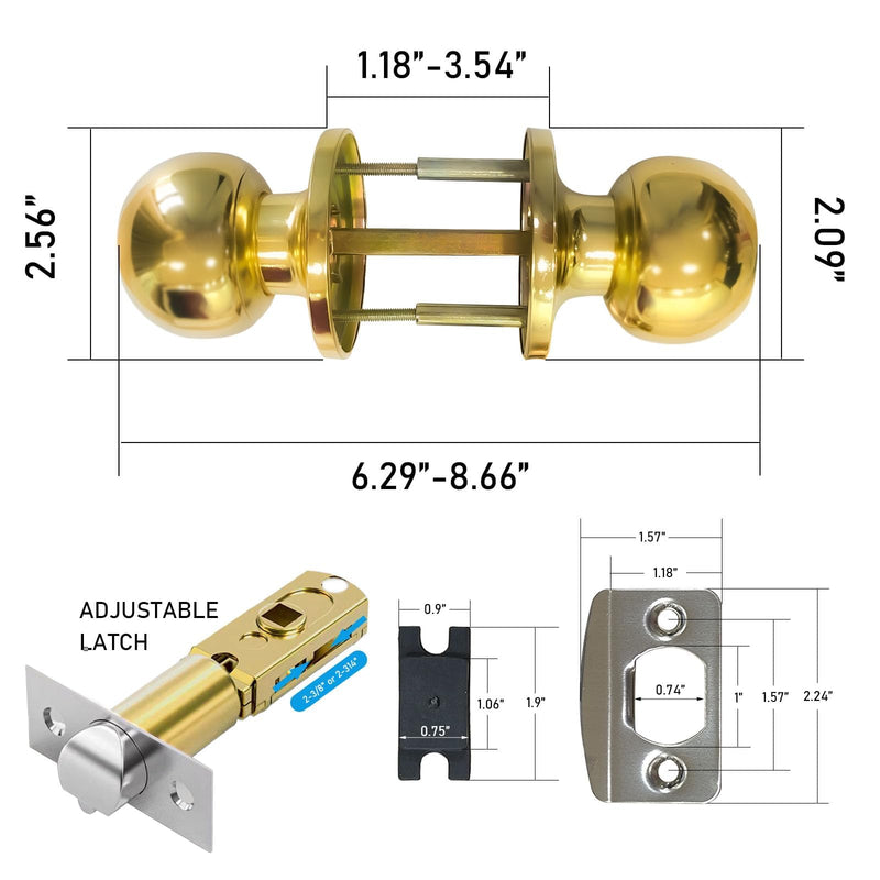 2 Pack Gold Door Knobs with Lock and Keys, Interior and Exterior Door Lock, Standard Ball Door Locks for Bedrooms/Bathroom 2 Pack