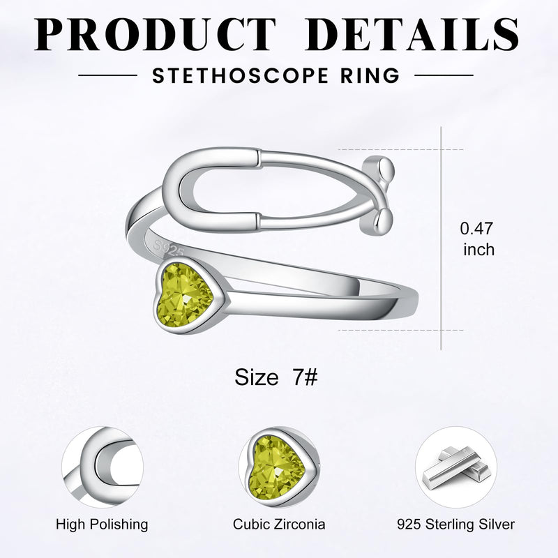 [Australia - AusPower] - Stethoscope Birthstone Rings for Women 925 Sterling Silver Adjustable Heartbeat Ring Nurse Doctor Jewelry Graduation Gifts for Medical Student August 