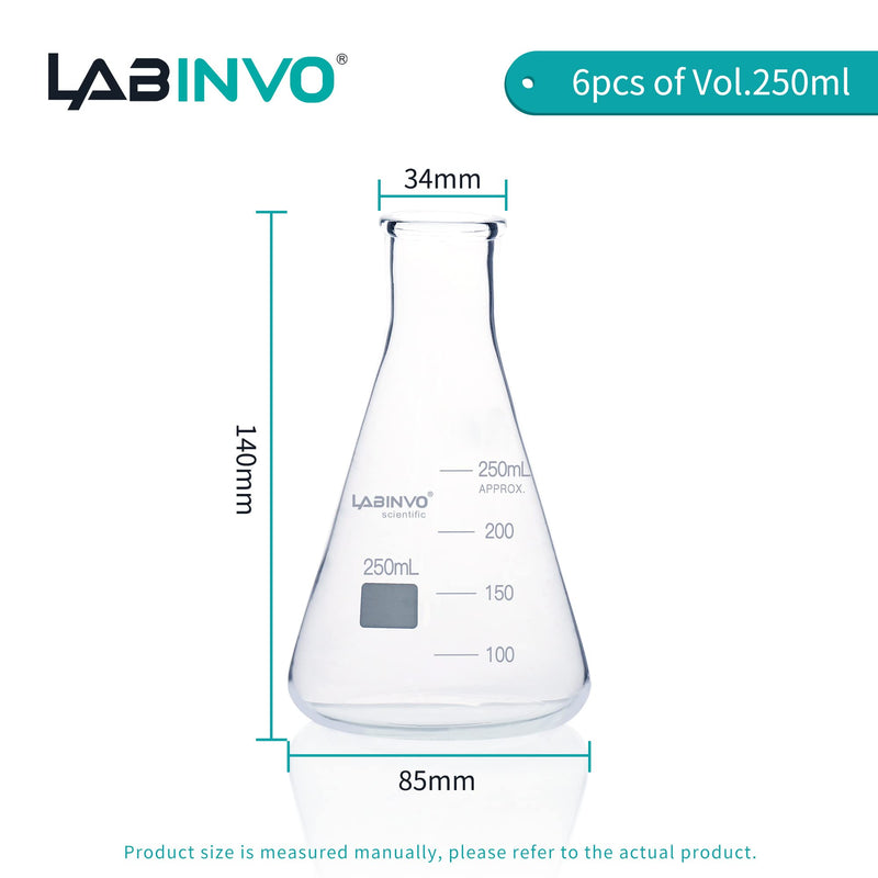 250ML Glass Erlenmeyer Flask, Narrow Mouth Graduated Conical Flask with Marking Spot, 6pcs of 3.3 Borosilicate Glass Flask Set, IN-EFN250 6 PCS of 250 mL