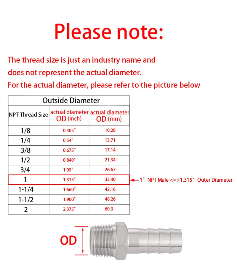 [Australia - AusPower] - Stainless Steel Hose Barb Fitting,1" Hose Barb to 1" Male NPT, for Water Fuel Air (Pack of 2) 1" Barb to 1" NPT 