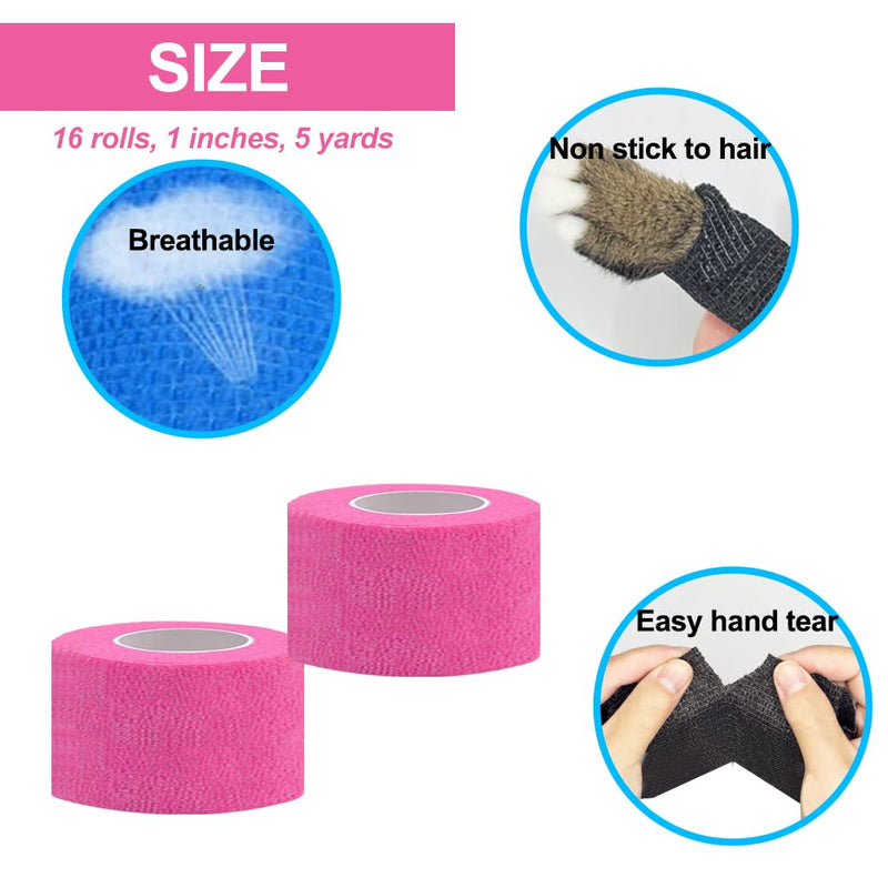 16 Pack Self Adhesive Bandage Wrap, 1" X 5 Yards Black Elastic Cohesive Bandage for Sports,Wrist Ankle,Vet Wrap,Grip Tape 1 In-16Pack