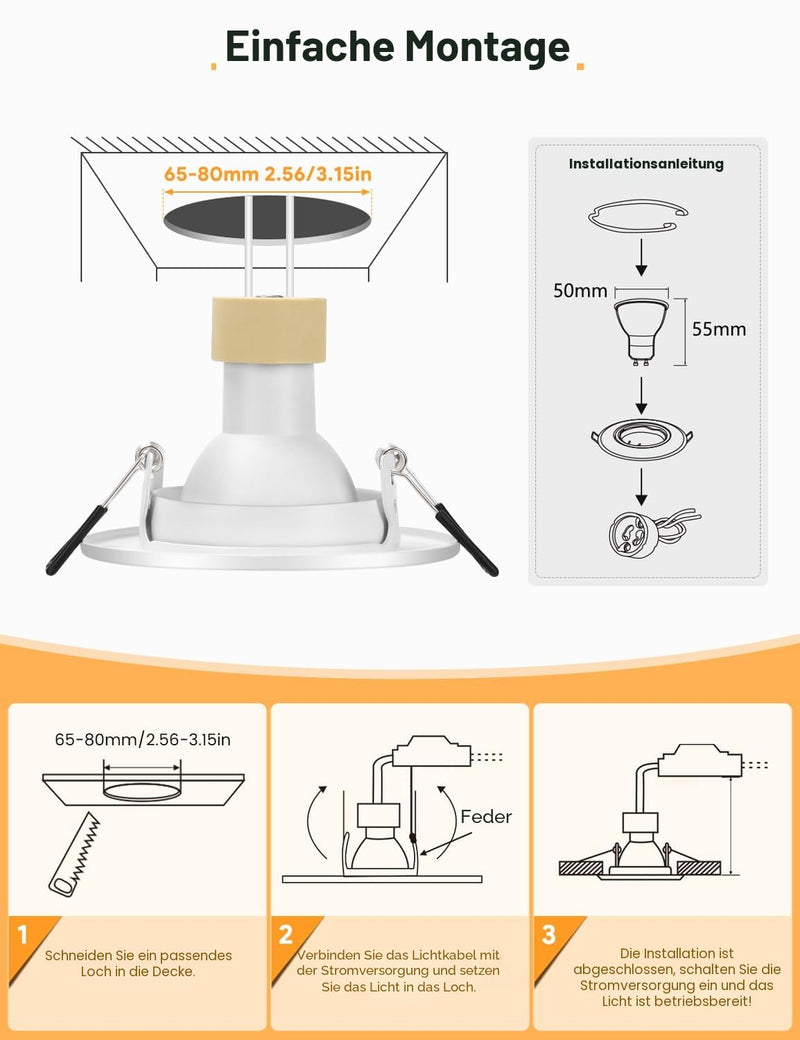LED Recessed Spotlight GU10 Set (Including GU10 Socket), LED Spotlights 230 V 68 mm | Mounting frame in round, matt white, 30° swivel, metal recessed spotlights, for recessed lighting (pack of 10)