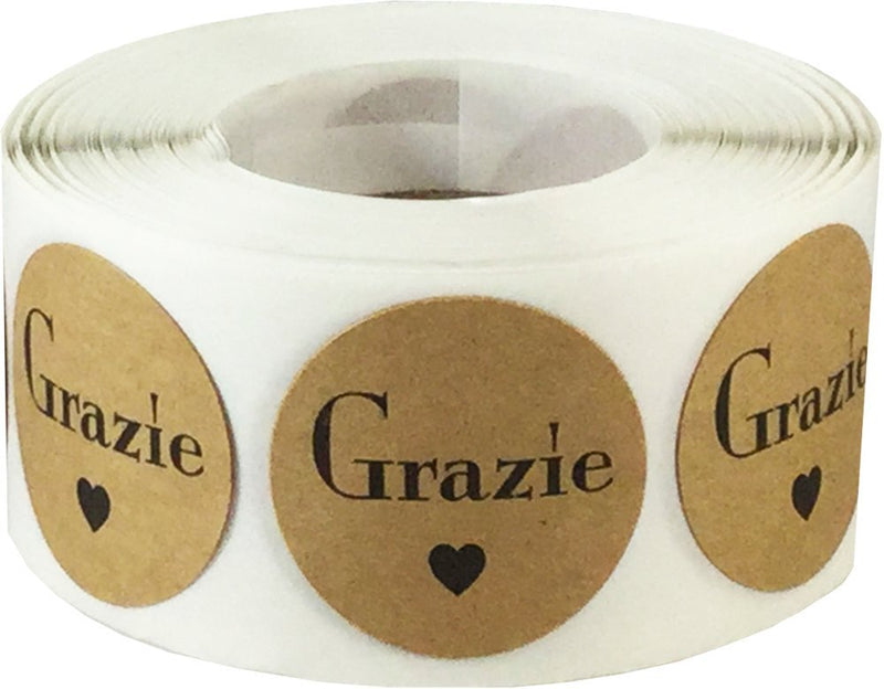 Grazie Italian Thank You Natural Kraft Stickers, 1 Inch Round Circle Adhesive Labels, 500 Thank You Stickers Per Roll for Small Business Packaging, Gifts, Envelopes – Made in the USA