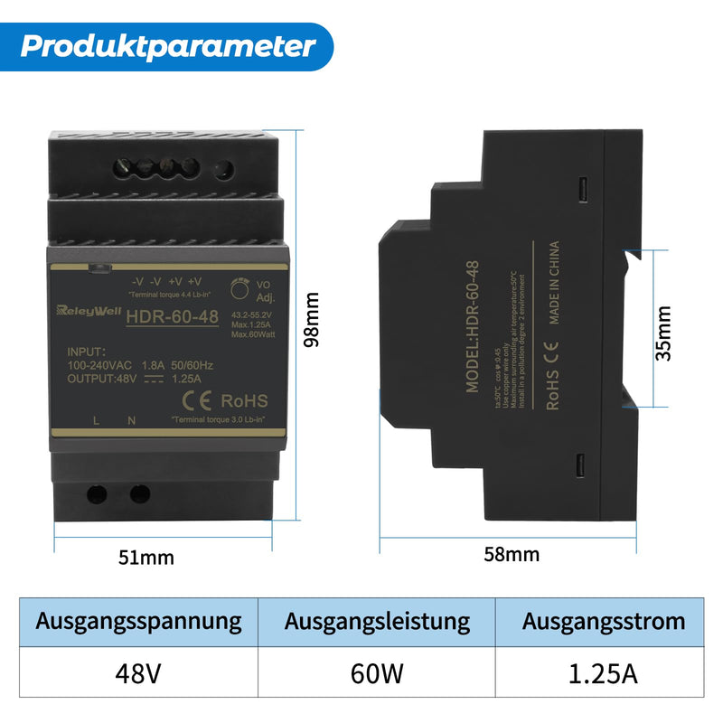 DIN Rail Power Supply HDR 48 V, 60 W, 1.25 A | Transformer 230 V to 48 V, 48 volt power supply, ReleyWell, HDR-60-48 60W,1.25A