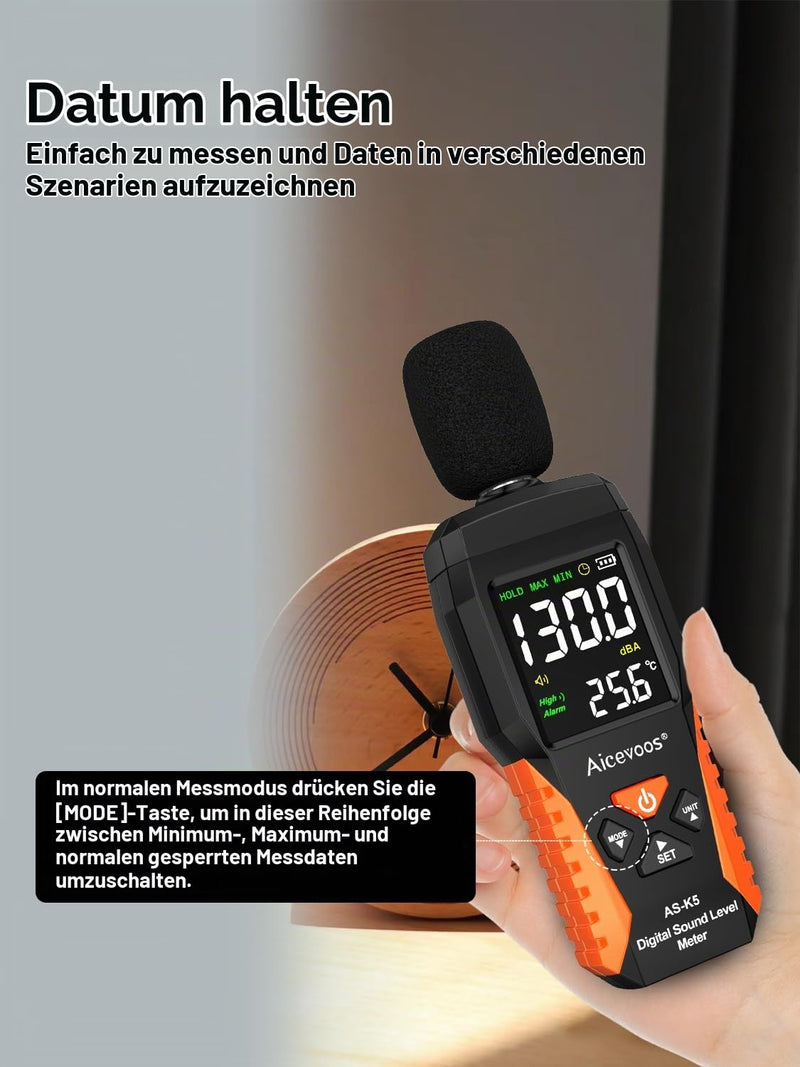 Dezibel Meter dB Meter Sound Level Meter Noise Level Meter 30~130 dB Acoustic and Visual Alarms, A Weighted, MAX/MIN Noise Measurement (18 cm) 18cm