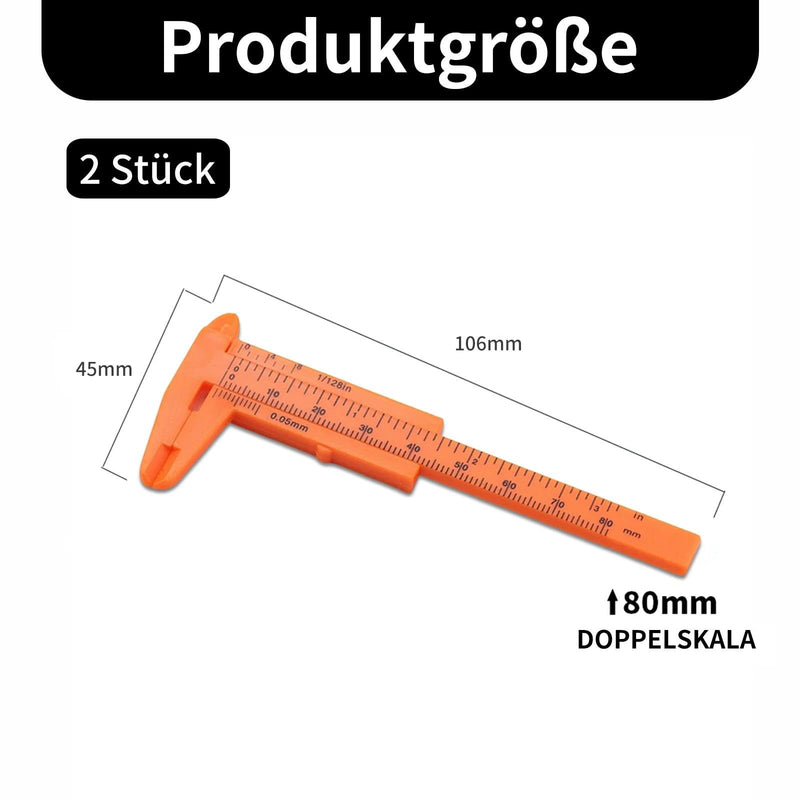 Pack of 2 Mini Calliper 80 mm, Orange Plastic Vernier Caliper with Double Scale (mm/inch), Lightweight Measuring Tool for Jewellery, Jade Buttons, Small Parts