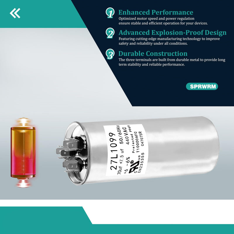 [Australia - AusPower] - P291-7074R 27L1099 Capacitor 70+7.5uf 440VAC Helps Motor Start Stably Explosion-Proof 
