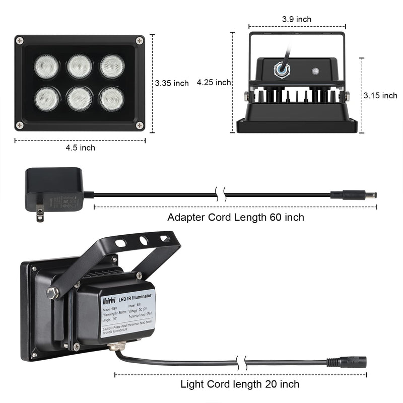 [Australia - AusPower] - Univivi Infrared Illuminator, 850nm 6 LEDs 90 Degree Wide Angle IR Illuminator for Night Vision, Waterproof LED Infrared Light for CCTV Security Camera, with Power Adapter, Black Black-6W 